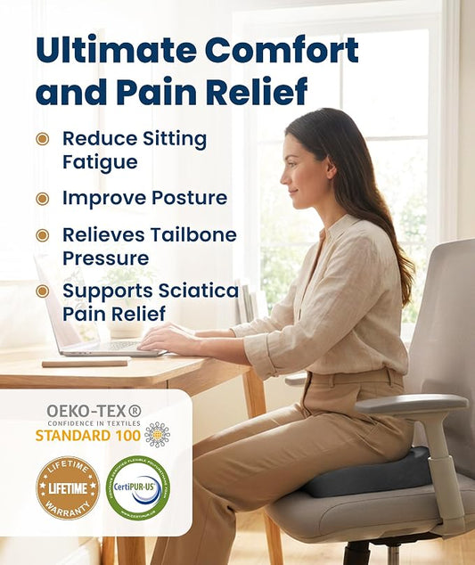 Everlasting Comfort Doctor Recommended Memory Foam Seat Cushion for Office Chairs & Car - Ergonomic Office Desk Accessories - Cushions for Tailbone Pain Relief, Sciatica (Gray, Large)