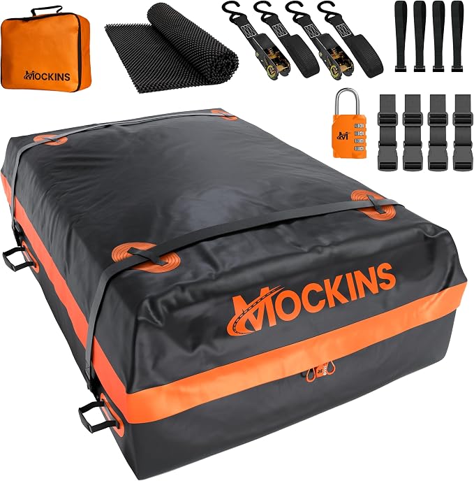 Mockins 30 Cu Ft Car Roof Cargo Carrier Bag for Top of Car Storage | 60"x43"x20" Waterproof Soft-Shell 840D Roof Bag | No Rack Rooftop Cargo Carrier with Mesh Mat, Lock, Hooks, & Straps