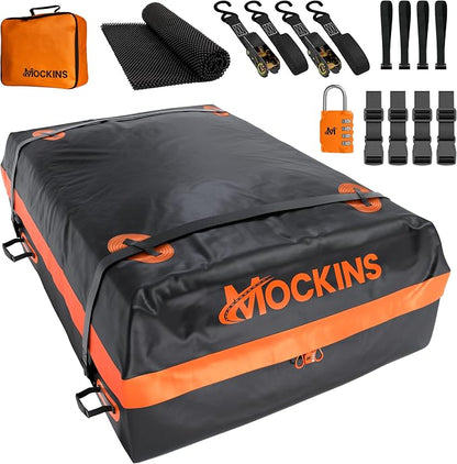 Mockins 30 Cu Ft Car Roof Cargo Carrier Bag for Top of Car Storage | 60"x43"x20" Waterproof Soft-Shell 840D Roof Bag | No Rack Rooftop Cargo Carrier with Mesh Mat, Lock, Hooks, & Straps