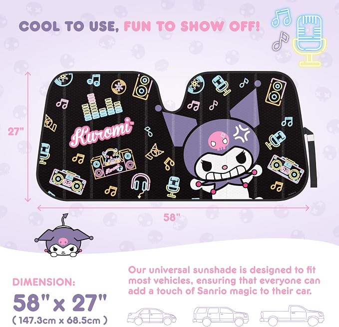 Carbella Kuromi Car Windshield Sun Shade, Official Sanrio Accordion Style Sunshade for Car Window, Cute Kawaii Car Sun Shade Windshield, Kuromi Car Accessories for Women (Neon Party)