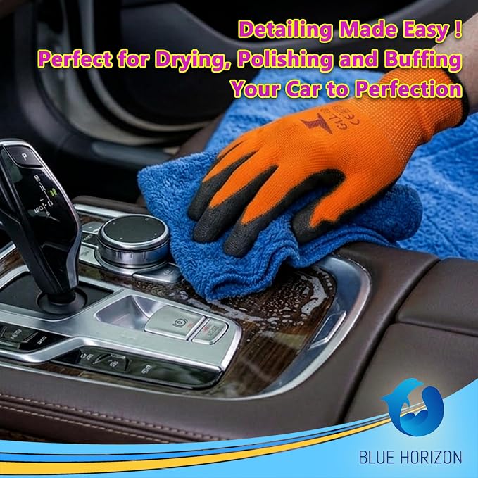 Microfiber Fingers Dusting & Cleaning Mitt and Large Towel Set, Machine Washable, Highly Absorbent Car Detailing Cleaner for Drying, Washing and Wax Polishing (1 Green Mitt, 1 Blue Towel)