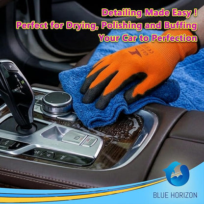 Microfiber Fingers Dusting & Cleaning Mitt and Large Towel Set, Machine Washable, Highly Absorbent Car Detailing Cleaner for Drying, Washing and Wax Polishing (1 Green Mitt, 1 Blue Towel)