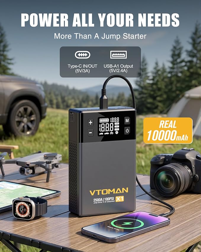 VTOMAN X1 Jump Starter with Air Compressor, Car Battery Jumper Starter (2500A, Up to 8.5L Gas/6L Diesel Engine) with 150PSI Auto Tire Inflator, 12V Portable Booster Pack, Lithium Jump Box Charger-Gray