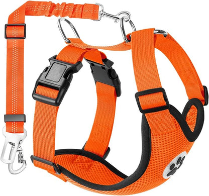 Lukovee Dog Car Harness Seat Belt, Adjustable Mesh Breathable Vest with Elastic Bungee Tether, Soft Padded 2-in-1 Safety Car Harness Seatbelt for Small Medium Large Dogs (Orange,M)
