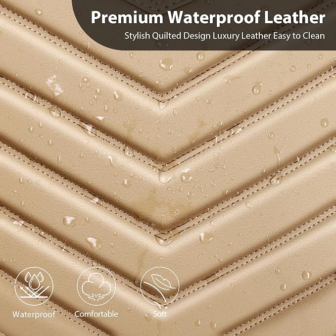 CAR PASS 3D Foam Faux Leather Seat Covers Full Set,Waterproof Tan Leather Seat Cover for Cars,Luxury Universal Fit Anti-Slip for SUV Truck Sedan Automotive,Armrest Airbag Compatible,All Beige