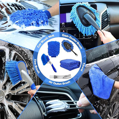62'' Car Wash Brush Kit - Mitt, Mop, Sponge & Long Handle, Scratch-Free Chenille Replacement Head, Wheel Tire Brush, Car Detailing Kit for Cars, RV, Truck