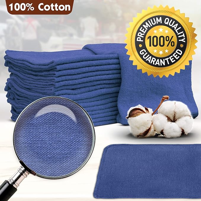 Nabob Wipers Auto Mechanic Shop Towels 25 Pack Bulk Shop Rags 100% Cotton Size 14"x14" Commercial Grade (25 Pack, Blue)