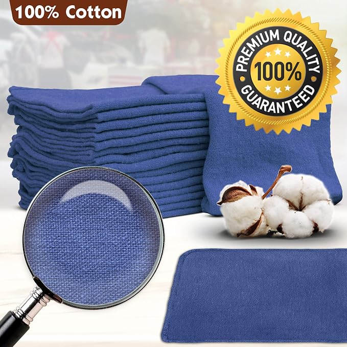 Nabob Wipers Auto Mechanic Shop Towels 100 Pack Bulk Rags 100% Cotton Commercial Grade Shop Rags Size 14"x14" (100 Pack, Blue)