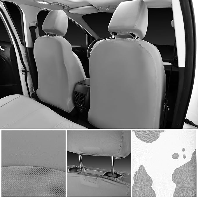 CAR PASS Cow Print Faux Leather Car Seat Covers & Cow Car Mats & Cow Steering Wheel Cover Seat Belt Pads Universal fit for SUV,Van,Saden,Truck Cute Car Accessories Automobile Interior Sets All Gray