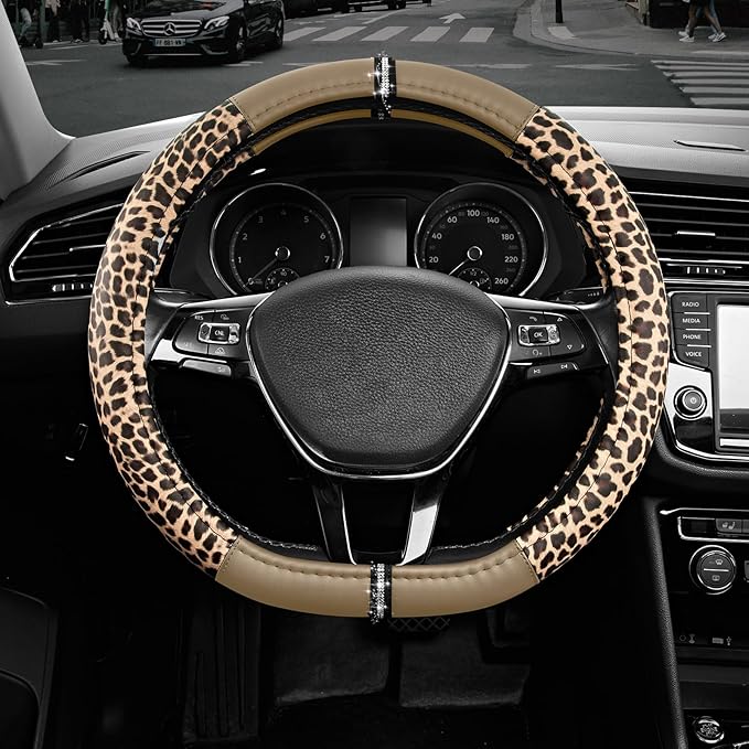 Road Comforts Leopard Steering Wheel Cover for Women, Cute Anti-Slip Microfiber Leather, Fits D Shape Flat Bottom Steering Wheel 14.5-15 Inch - Beige