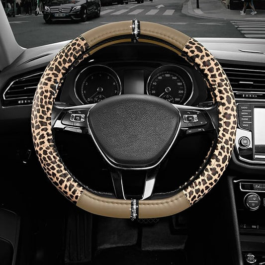 Road Comforts Leopard Steering Wheel Cover for Women, Cute Anti-Slip Microfiber Leather, Fits D Shape Flat Bottom Steering Wheel 14.5-15 Inch - Beige