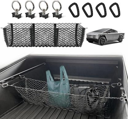 BestEvMod Cargo Mesh Net for Pickup Truck Bed Compatible with Tesla Cybertruck 2026 2025 2024 Accessories Mesh Extra Strong Hook Stretchable Trunk Organizer Cargo Net (3 Pocket, Reinforced POM Hooks)