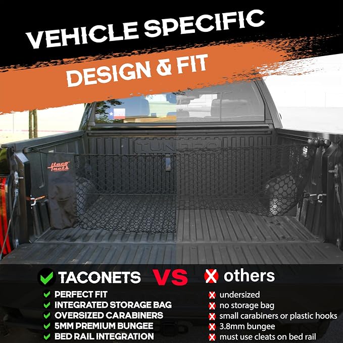 TacoNets Envelope Cargo Net for Toyota Tundra - Fits 2007-Current - Patented Bed Rail Integration - Upgraded 5mm Bungee - Integrated Storage Bag - Heavy Duty Carabiners - Designed in USA