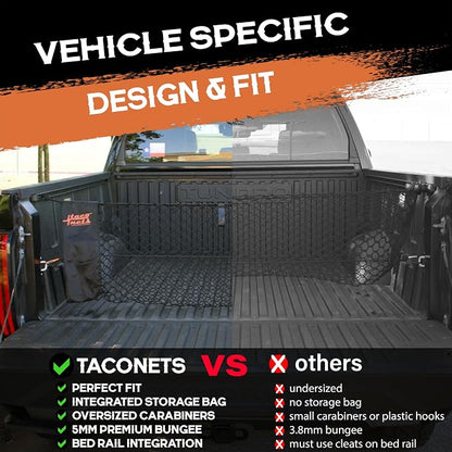TacoNets Envelope Cargo Net for Toyota Tundra - Fits 2007-Current - Patented Bed Rail Integration - Upgraded 5mm Bungee - Integrated Storage Bag - Heavy Duty Carabiners - Designed in USA