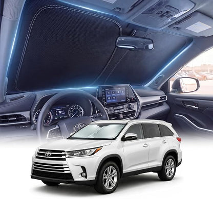 DMJN Front Windshield Sun Shade for Toyota Highlander (2020-2026), [Nano Ice-Crystal Coatings] UPF50+ Heat & UV Block, Protect Car Interior & Keep Cool, Flodable Steel-Ring Car Cover for Summer