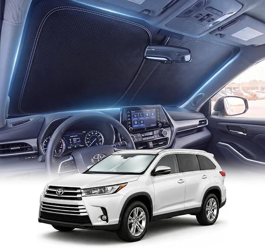 DMJN Front Windshield Sun Shade for Toyota Highlander (2020-2026), [Nano Ice-Crystal Coatings] UPF50+ Heat & UV Block, Protect Car Interior & Keep Cool, Flodable Steel-Ring Car Cover for Summer