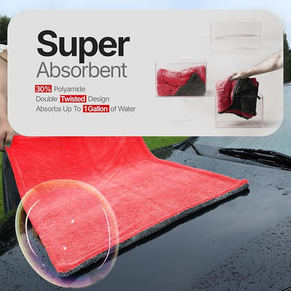Crystal Clean 1300GSM Microfiber Towels for Cars – XL Drying Towel with Double Twisted Loop, Professional Detailing Towel Car Detailers - Quick Dry, Paint Safe & Swirl-Free (2 Pack Red)