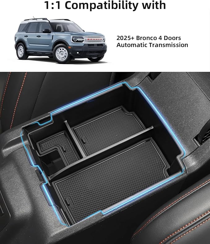 Center Console Organizer for 2026 2025 Ford Bronco 4 Door Models (Not for 2-Door, Manual Transmission or Bronco Sport)
