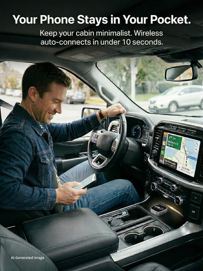4-in-1 Wireless CarPlay & Android Auto Adapter – AirPlay & Miracast Media Hub – Seamless for Mixed Families – 5.8GHz Low-Latency & Auto-Connect – Factory Wired Cars Only (Silver)