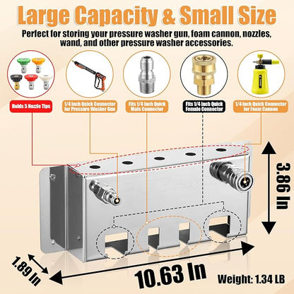 FIXFANS Pressure Washer Foam Cannon Holder, Wall Mounted | Power Washer Gun Storage, 1/4" Quick Connect, Nozzle Tips & Wand Extension Kit Organizer, Car Wash Accessories Rack
