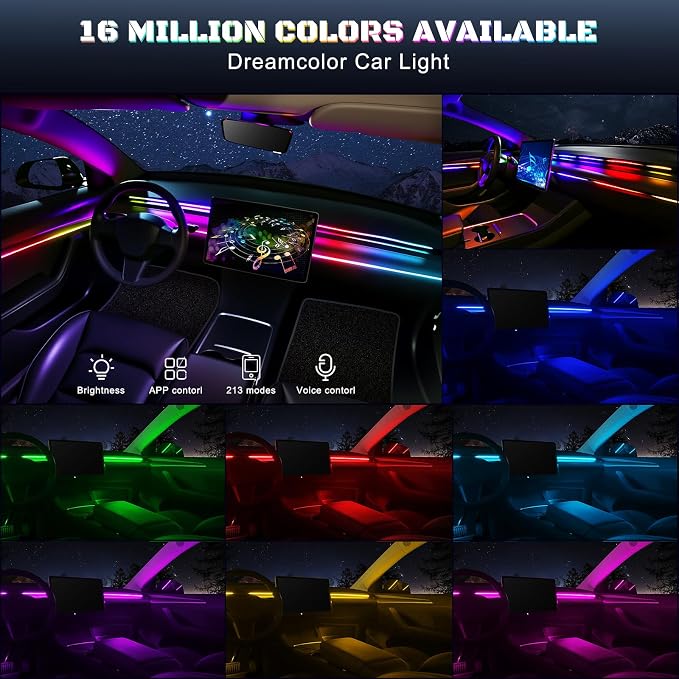 Dreamcolor Acrylic Interior Car LED Strip Light with USB/Type C/4-Port USB Cigarette Lighter,RGB 55.1 inch Ambient Lighting Kits, Sound Active Function Neon Led Strips for Car