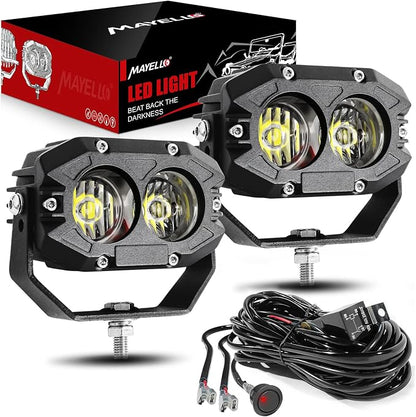 MAYELLO 4 Inch Led Pods 60W Flood Lights Corrugated Lens Led Offroad Driving Light Fog Light with Pod Light Wiring Harness Compatible with Wrangler Truck Pickup SUV ATV UTV Motor Car Boat