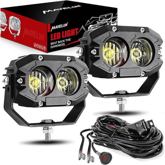 MAYELLO 4 Inch Led Pods 60W Flood Lights Corrugated Lens Led Offroad Driving Light Fog Light with Pod Light Wiring Harness Compatible with Wrangler Truck Pickup SUV ATV UTV Motor Car Boat