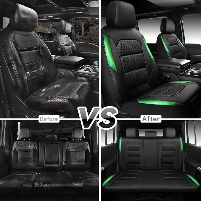 CAR PASS Memory 3D Foam Car Seat Covers Full Set, Breathable Mesh Thick Seat Covers for Car,Green Metal Film Leather Seat Covers, Universal Automotive Comfort for SUVs Trucks, Black Green