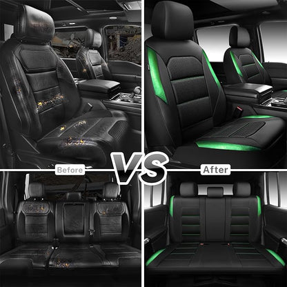 CAR PASS Memory 3D Foam Car Seat Covers Full Set, Breathable Mesh Thick Seat Covers for Car,Green Metal Film Leather Seat Covers, Universal Automotive Comfort for SUVs Trucks, Black Green