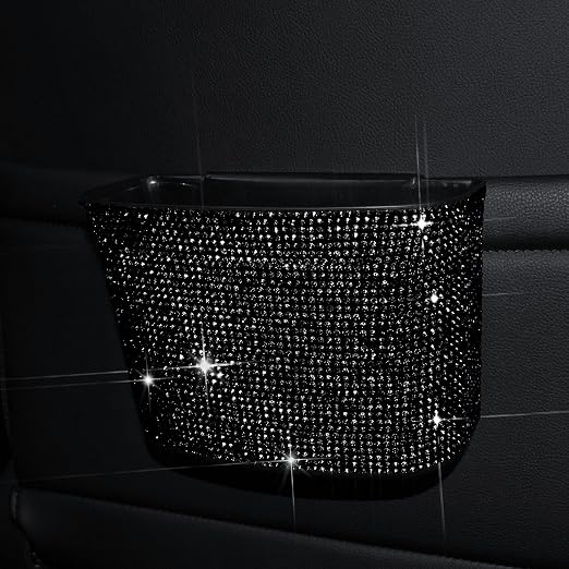 Cavalcade Car Trash Can, Hanging Trash Bin, Leakproof Garbage Organizer, Bling Vehicle Waste Basket, Mini Dustbin Container with Clip for Car, Office, Kitchen, Bedroom, Home and More, Black, Small