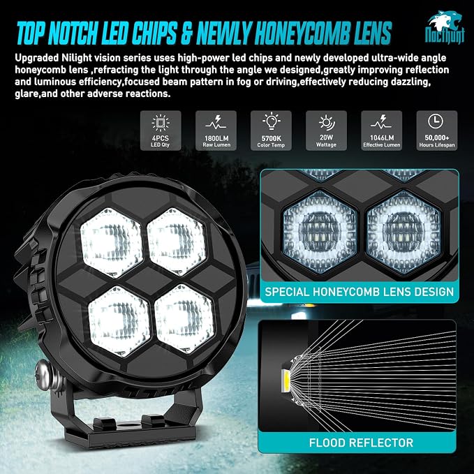 Nilight LED Pod Light 2 PCS 3.1 Inch 20W 4 LED Round Hyper Flood Beam Offroad Driving Lights w/18AWG Rocker Switch Wiring Harness Kit for Truck Motorbike Boat ATV UTV