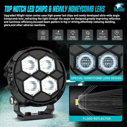 Nilight LED Pod Light 2 PCS 3.1 Inch 20W 4 LED Round Hyper Flood Beam Offroad Driving Lights w/18AWG Rocker Switch Wiring Harness Kit for Truck Motorbike Boat ATV UTV