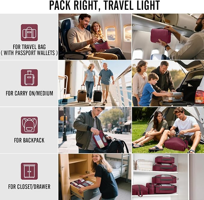 Veken 8 Set Packing Cubes for Travel Essentials,Anti-Wrinkle Buckled Suitcase Organizer for Shoe & Toiletry Bag,Carry On Luggage Bag with 99+ Count Mesh Holes for Airplane & College Dorm Accessories