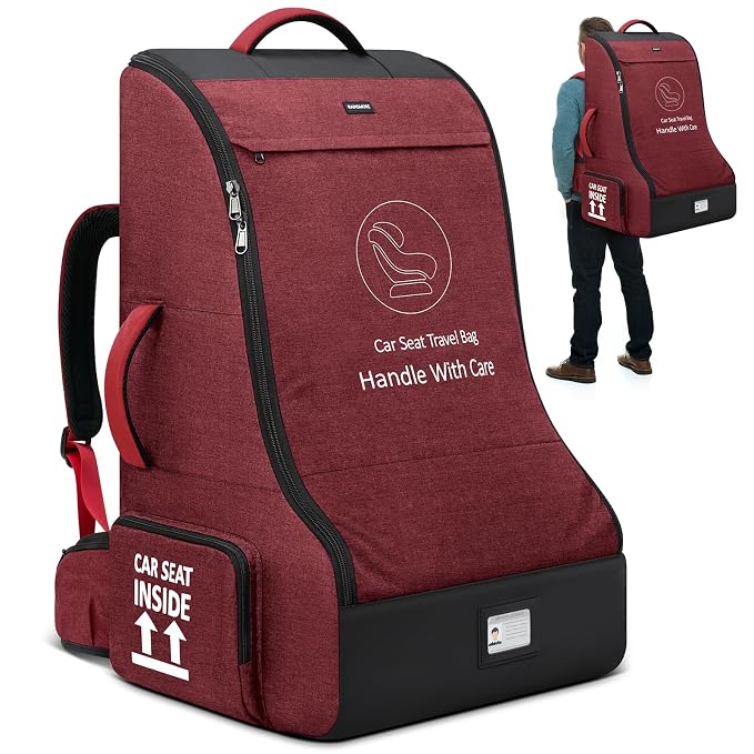 RAINSMORE Padded Car Seat Travel Bag for Airplane Heavy Duty Car Seat Backpack for Air Travel Baby Carseat Cover Bags for Airport Large Car Seats Carrier Fits Car Seats & Booster Seats,Red