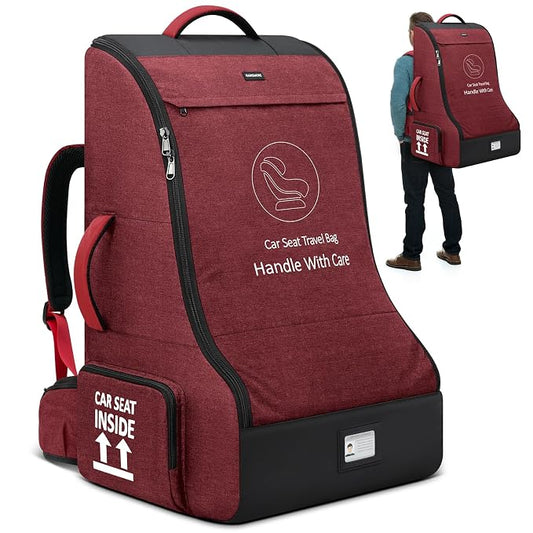 RAINSMORE Padded Car Seat Travel Bag for Airplane Heavy Duty Car Seat Backpack for Air Travel Baby Carseat Cover Bags for Airport Large Car Seats Carrier Fits Car Seats & Booster Seats,Red