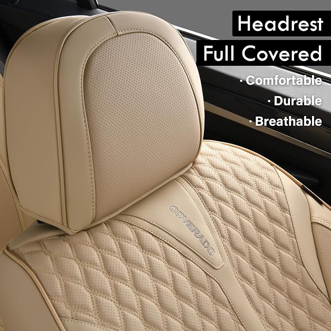 Coverado Seat Covers Front Seats, Waterproof Car Seat Covers, Luxury Leather Seat Covers for Cars, Automotive Seat Covers Leather Seat Cushion Protector Universal Fit Most Cars SUVs Trucks, Beige