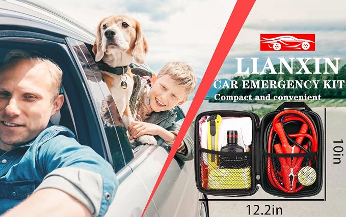 Car Emergency Kit with Battery Jumper Cables Headlamp Car Safety Kits | LIANXIN Roadside Emergency Kit Tow Straps, Art Knife, Gloves, Breakdowns Gifts for New Drivers and Teenagers