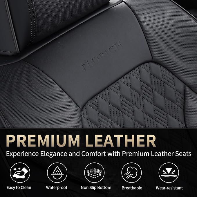 FLORICH Seat Covers, Car Seat Covers Front Seats, Luxury Nappa Leather Seat Covers, Breathable and Waterproof Car Seat Protector 2 Seat, Automotive Seat Covers Universal Fit for Most Cars-Black