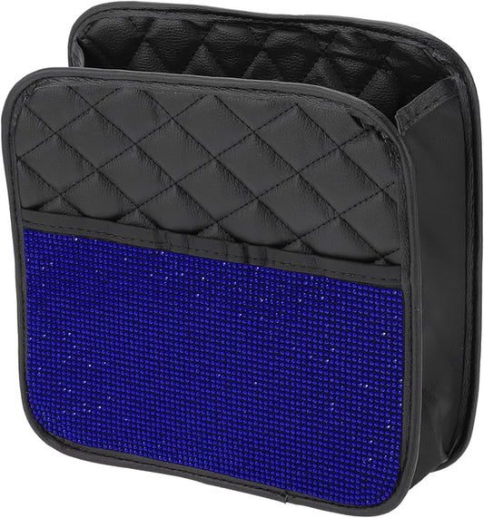 1 Pcs Universal Car Trash Can Hanging 10.2" Length 3.5" Width 10.2" Height Trash Bin Blue Black Faux Leather Rhinestone