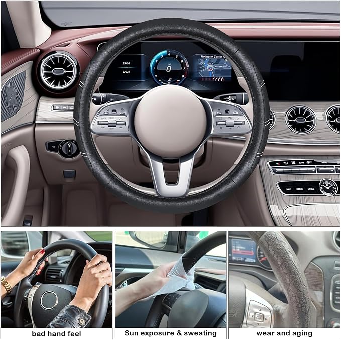 Black Line Punching Car Steering Wheel Cover, Microfiber Leather Sports, 14.5-15 in Universal Leather Wheel Covers, Breathable Fashion Anti-Slip, Steering Wheels Accessories for Men Women