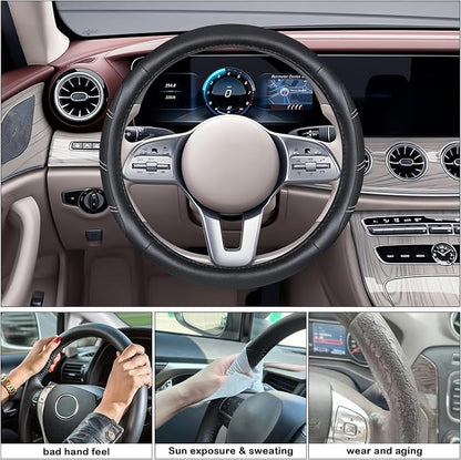 Black Line Punching Car Steering Wheel Cover, Microfiber Leather Sports, 14.5-15 in Universal Leather Wheel Covers, Breathable Fashion Anti-Slip, Steering Wheels Accessories for Men Women