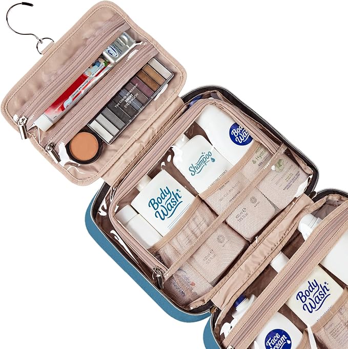 NISHEL Travel Toiletry Bag for women, Portable Hanging Organizer for Full-Sized Shampoo, Conditioner, Brushes Set, Makeup Accessories, Large Size, Lake-Blue