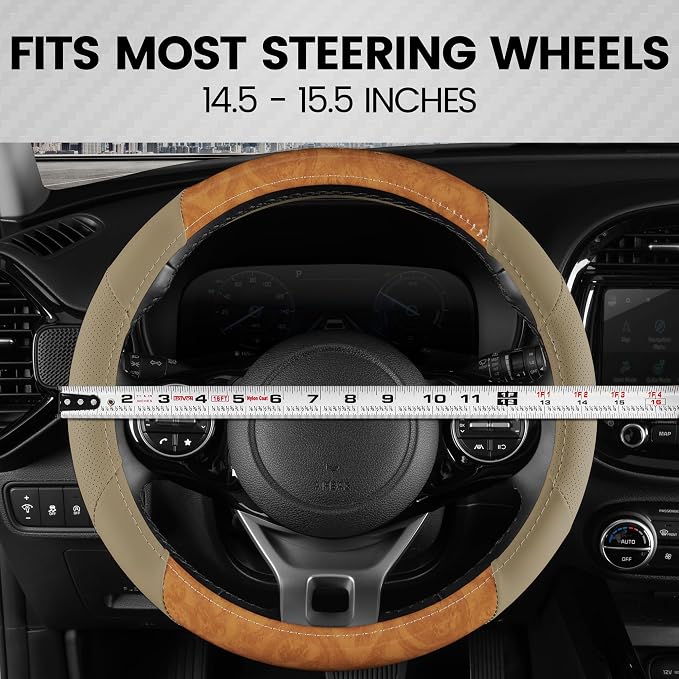 BDK BurlwoodLux Wood Grain and PU Leather Beige Steering Wheel Cover - Sport Grip for Car Auto SUV Trucks