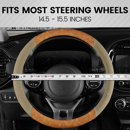 BDK BurlwoodLux Wood Grain and PU Leather Beige Steering Wheel Cover - Sport Grip for Car Auto SUV Trucks