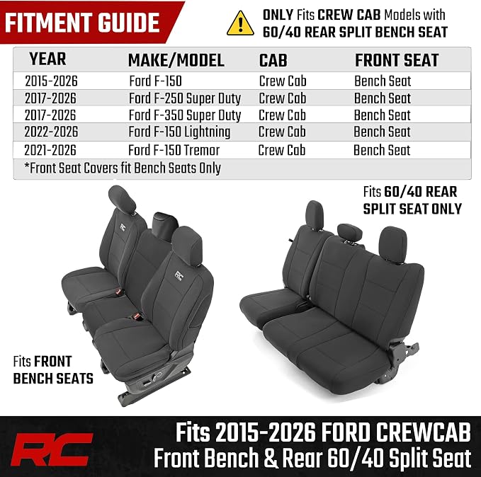 Rough Country Neoprene Front & Rear Seat Covers for Ford F-150, Lightning, F-250 & F-350 (2015-2026) Crew Cab w/Front Bench Seat & Rear 60/40 Split