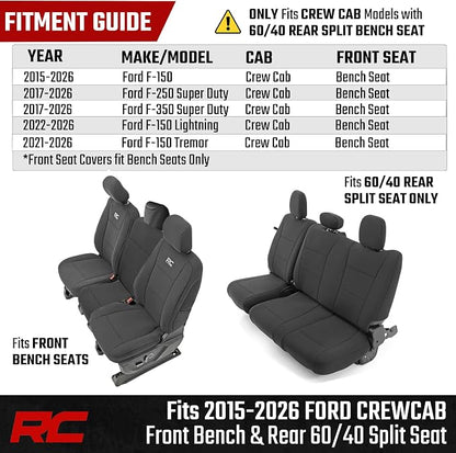 Rough Country Neoprene Front & Rear Seat Covers for Ford F-150, Lightning, F-250 & F-350 (2015-2026) Crew Cab w/Front Bench Seat & Rear 60/40 Split
