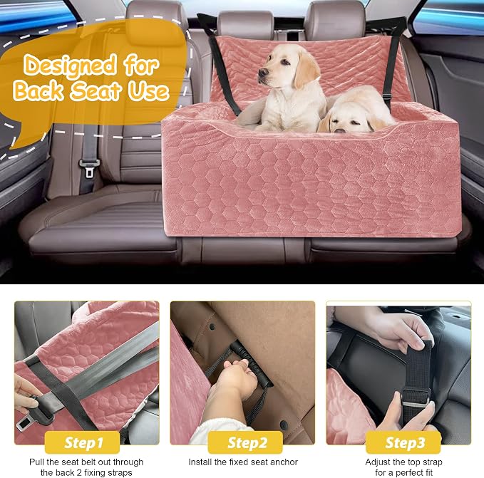 Dog Car Seat for Medium/Large Dog Booster Seat Under 60 lbs or 2 Small Dogs, Multi-Functional Pet Car Seat with Thick Cushion, 2 Safety Leashes (Pink)