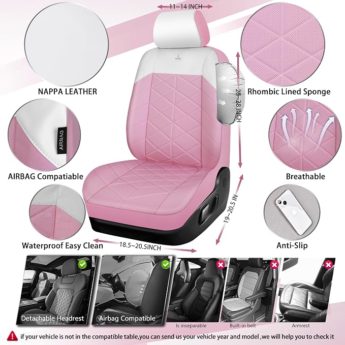 CAR PASS Memory Foam Leather Front Seat Covers, Waterproof Nappa Leather Seat Covers Front Seats Universal Fit for Cars,SUV,Truck Seat Covers Thick 3D Foam Comfortable, Airbag Compatible Pink White