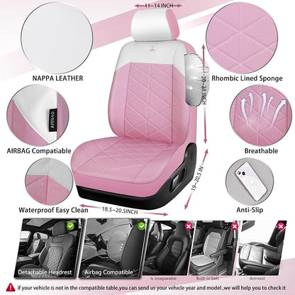 CAR PASS Memory Foam Leather Front Seat Covers, Waterproof Nappa Leather Seat Covers Front Seats Universal Fit for Cars,SUV,Truck Seat Covers Thick 3D Foam Comfortable, Airbag Compatible Pink White