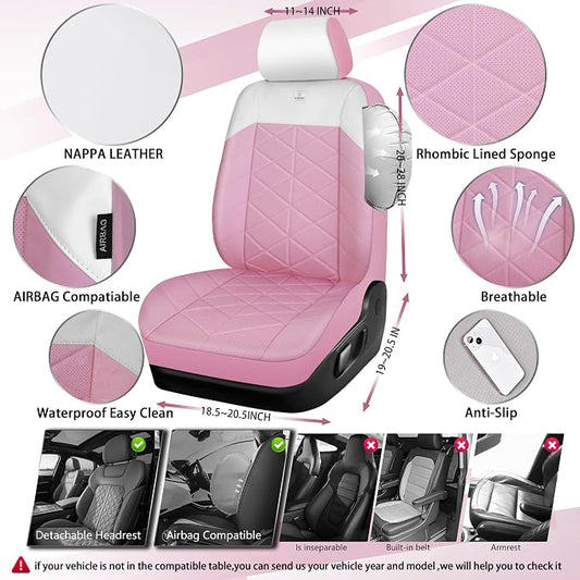 CAR PASS Memory Foam Leather Seat Covers Full Set, Breathable Luxury Perforated Nappa Leather Seat Covers Universal Fit for Car,SUV,Truck Seat Covers Thick 3D Foam Comfort,Airbag Compatible Pink White